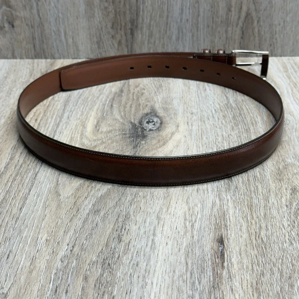 Perry Ellis Dress Belt Mens 38/95 Brown Bonded Leather Silver Buckle